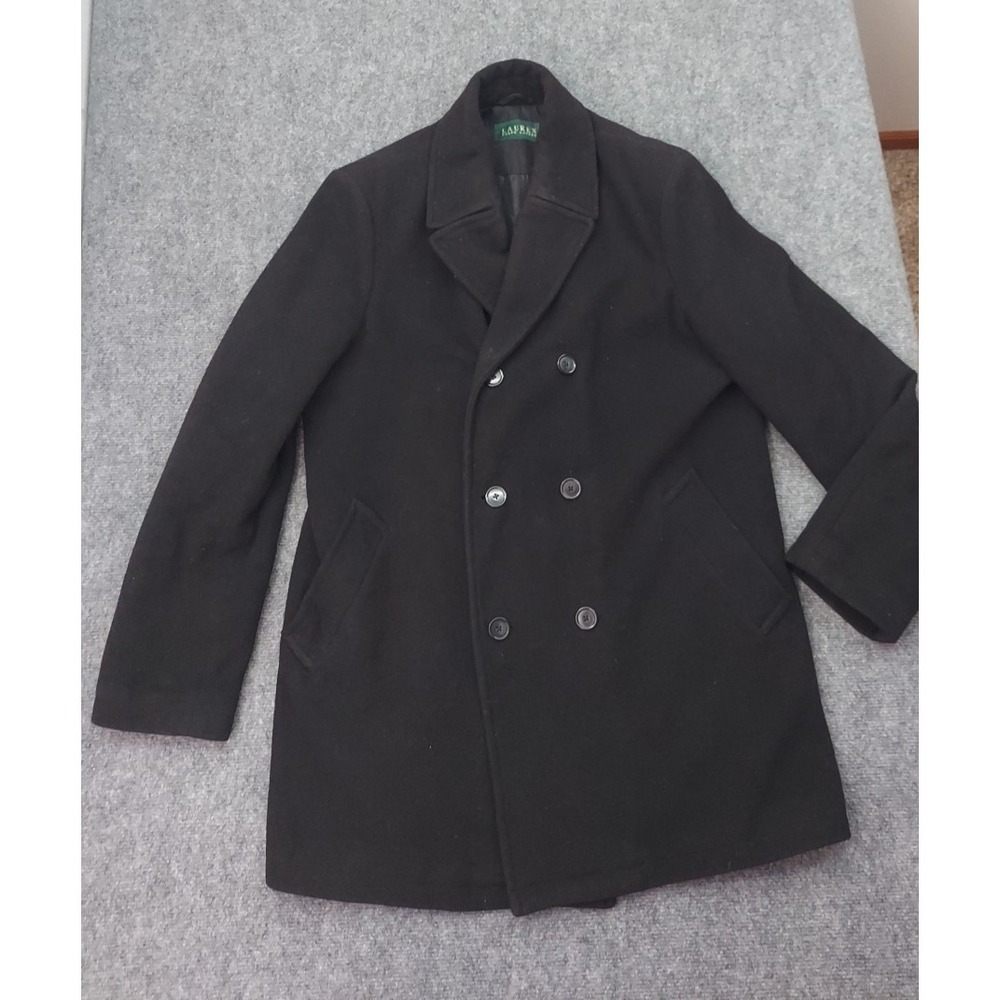 LRL Ralph Lauren Coat Mens 42 Long Black Double Breasted Wool Blend Dress Vtg